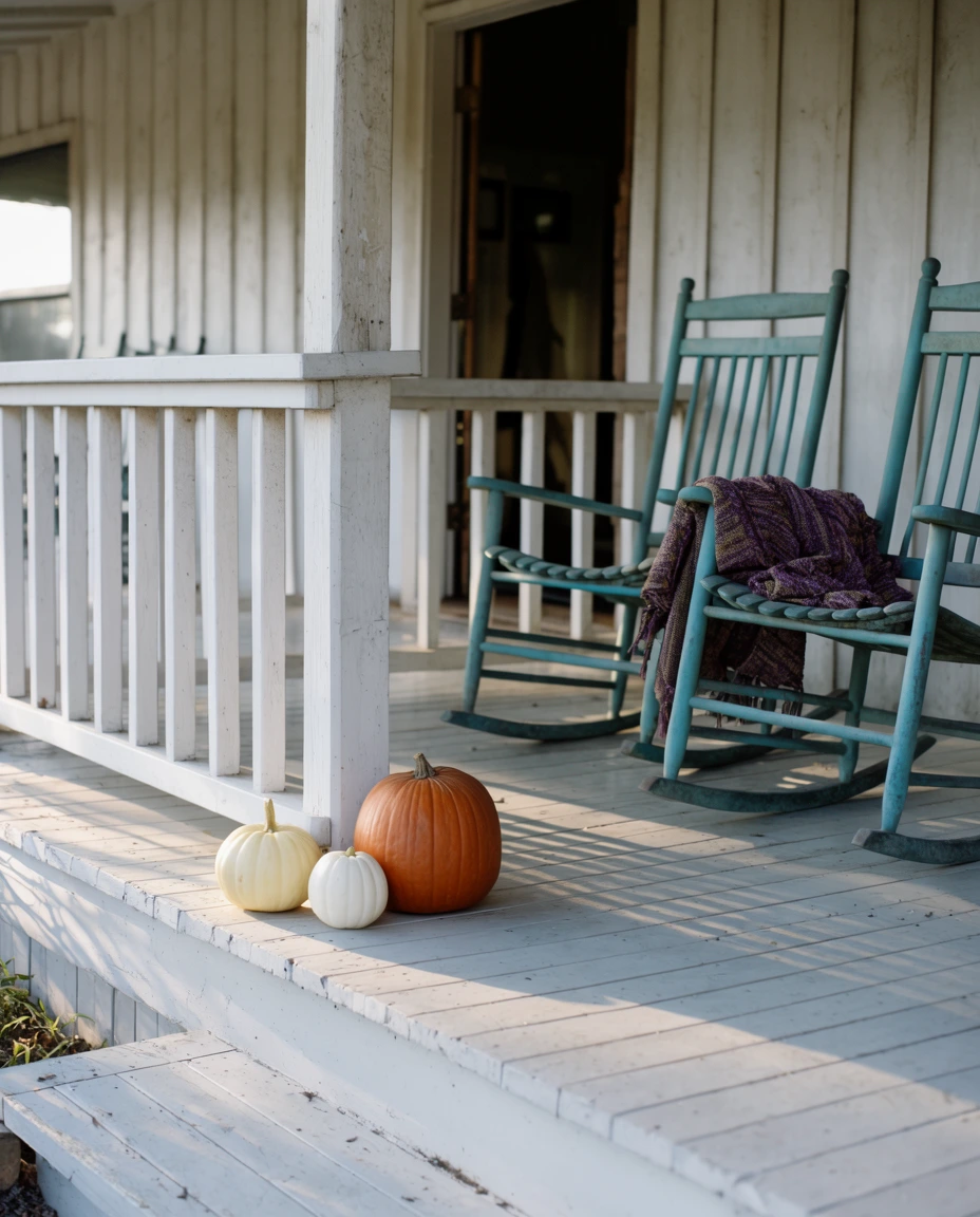 A Farmhouse Porch with Pumpkin Stacks 1