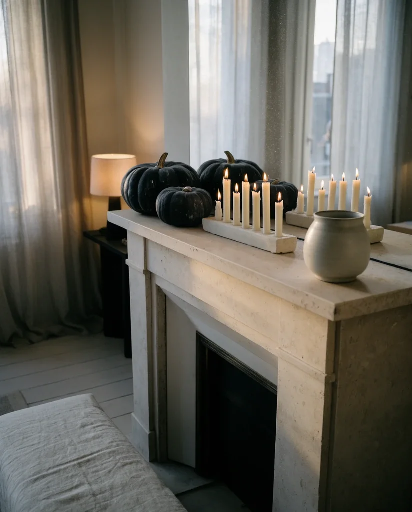 Charcoal Pumpkins and White Candles 2
