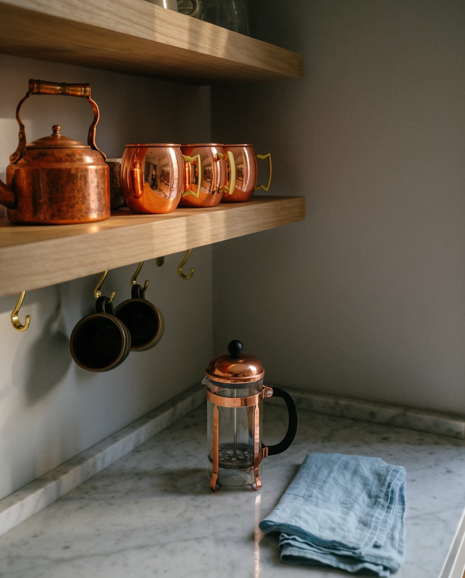 Copper Accents over Open Shelves 2