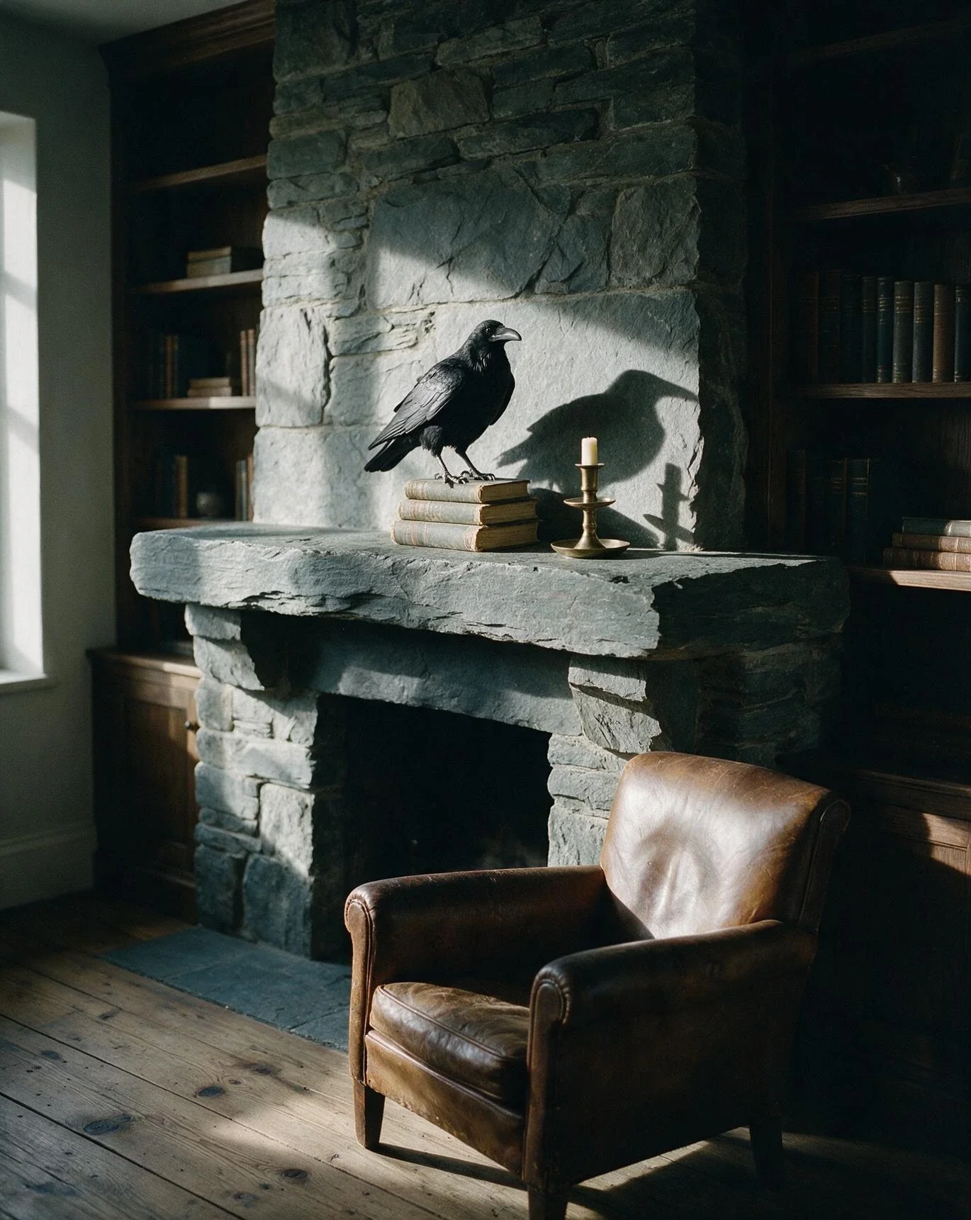 Crow Perched Over Stacked Books 1
