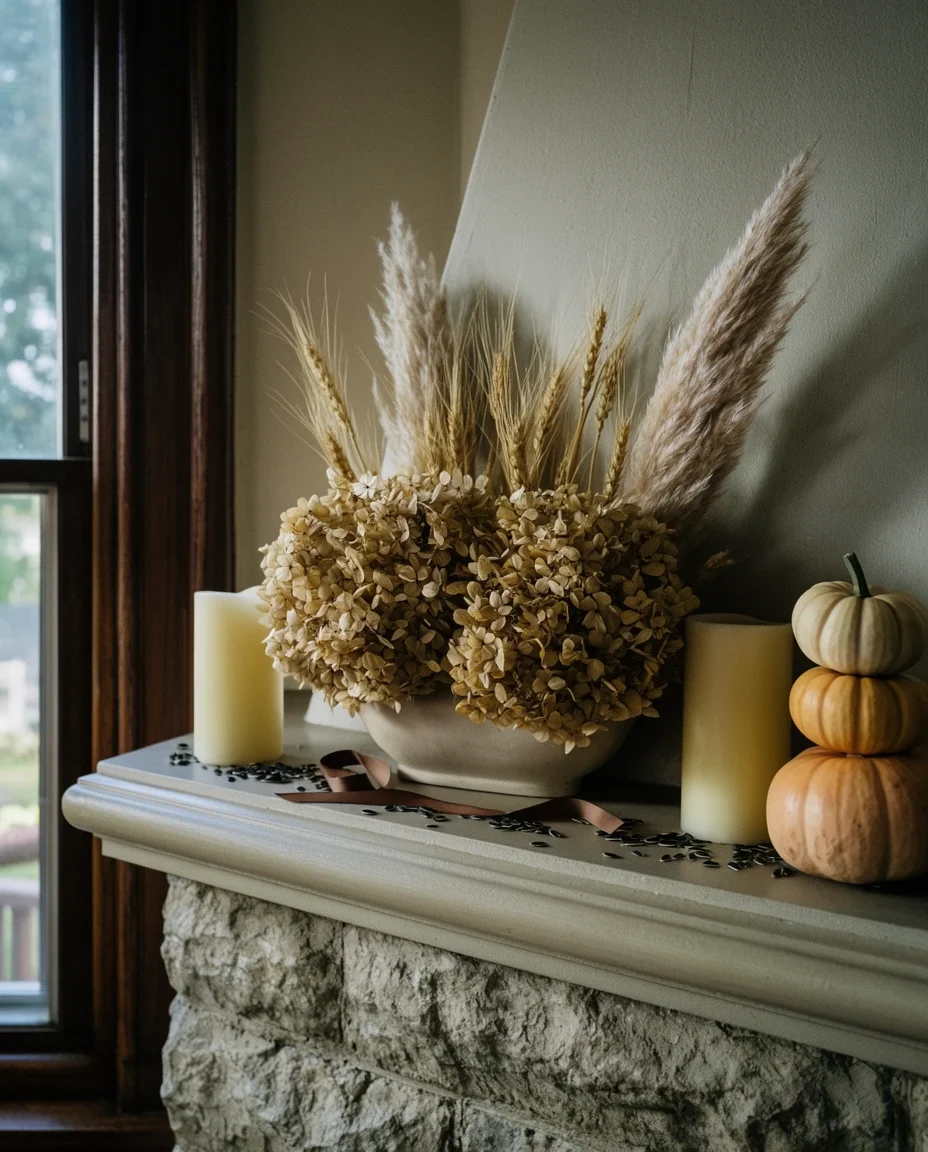 Living Room Mantel with Dried Florals 1