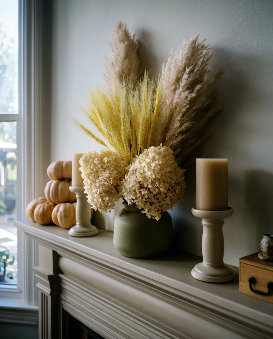 Living Room Mantel with Dried Florals 2