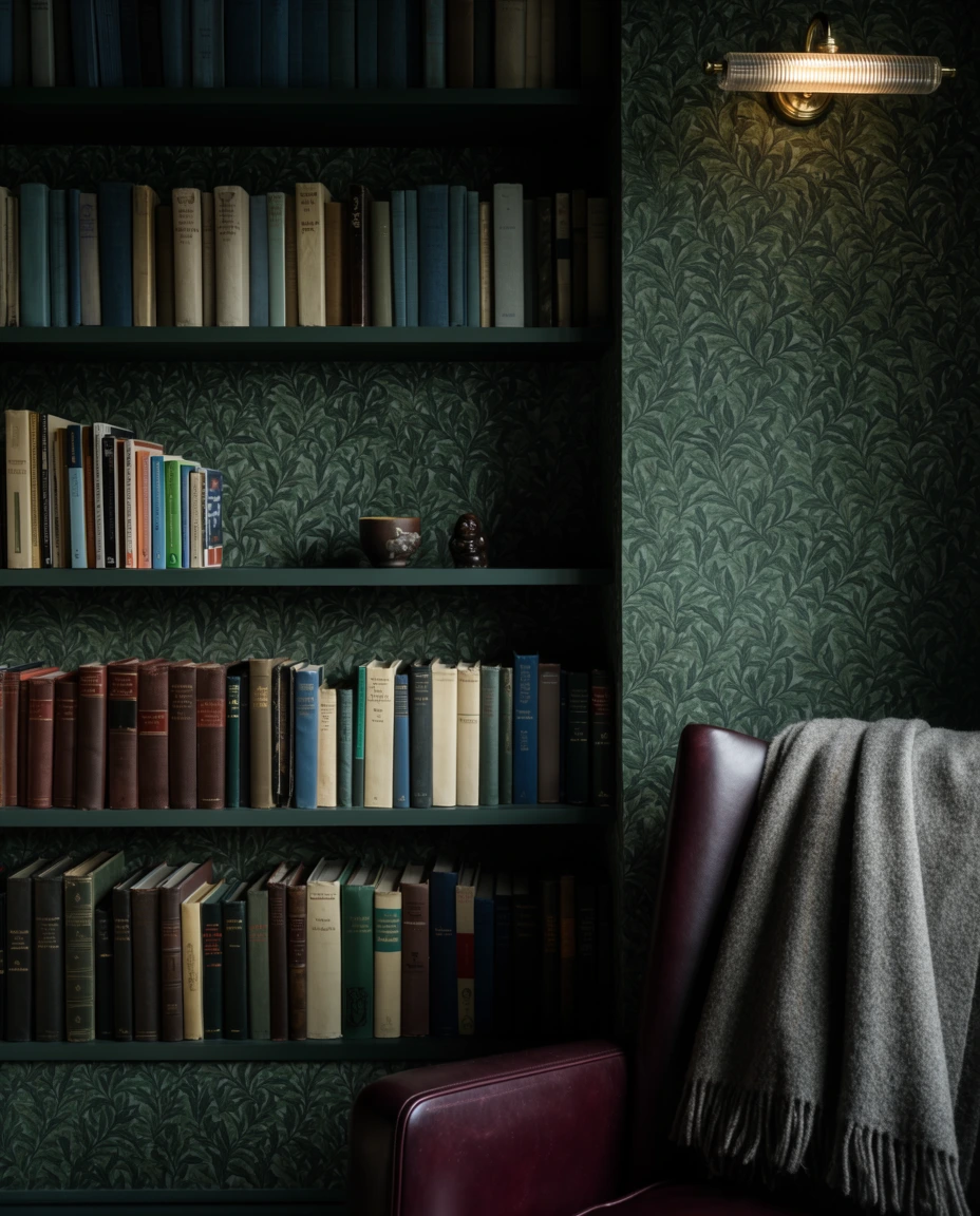 Moody Wallpaper Behind Bookshelves 2