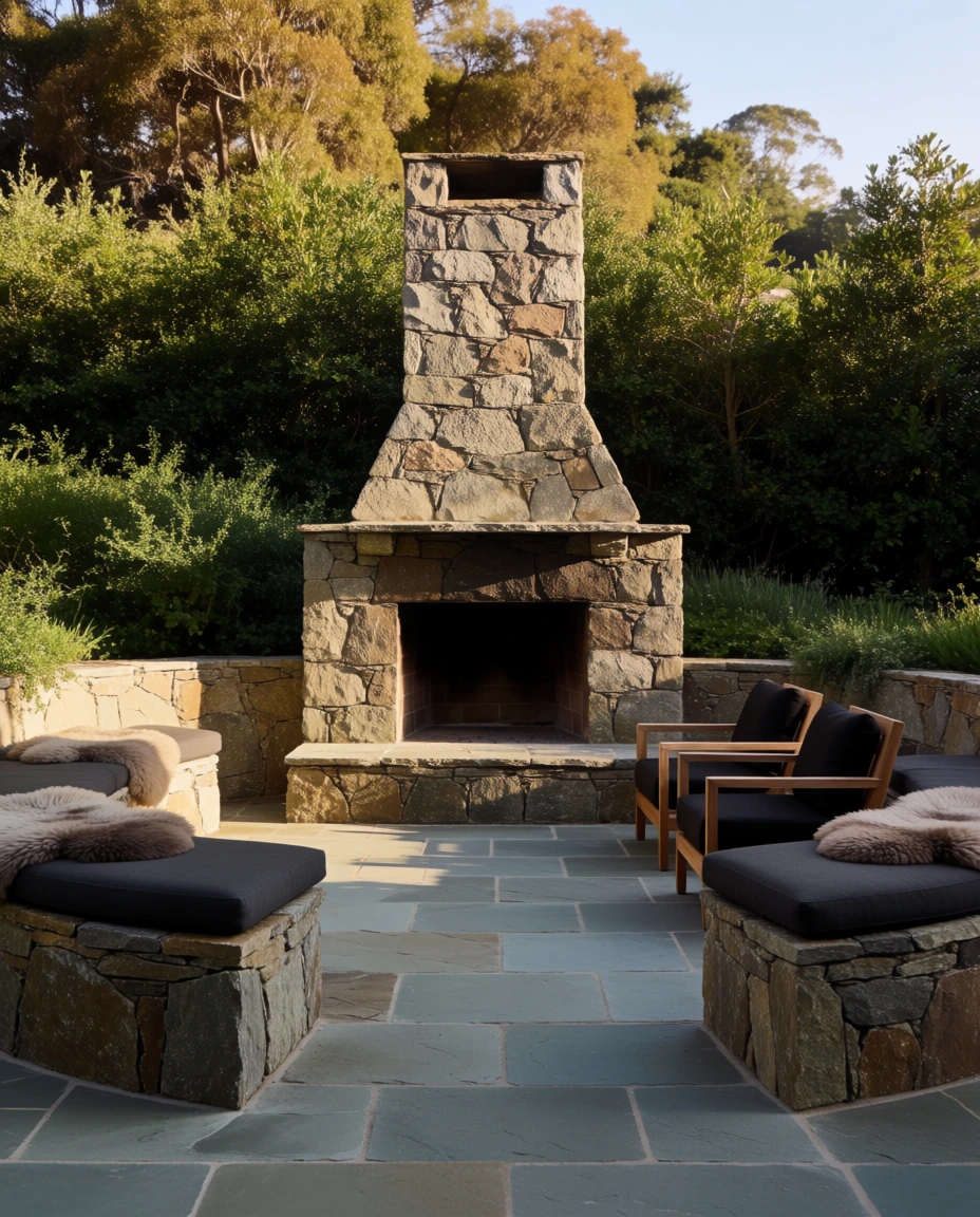 Outdoor Fireplace With Built-In Seating 1