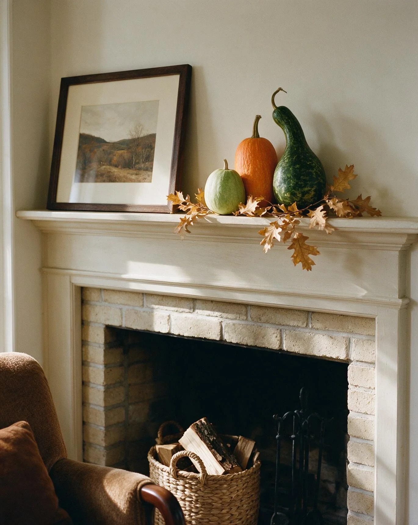 Simple Mantel Styling with Gourds 1
