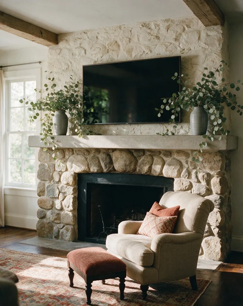 TV Mantel Styled with Greenery 1
