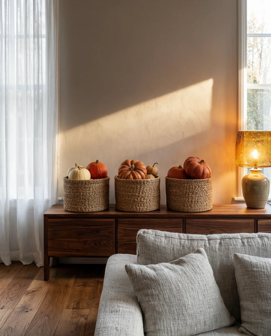 Thrifted Pumpkins in Woven Baskets 2